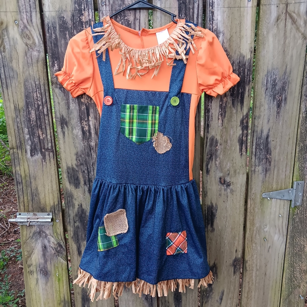 Child's Scarecrow Patchwork Halloween Fall Dress Costume Large 10-12